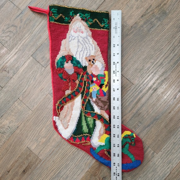 Vintage Handmade Father Christmas Santa Beaded Needlepoint Full Size Stocking - Picture 14 of 16